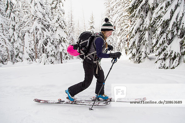 Young woman  cross country skiing  Tumalo Mountain  Oregon  USA