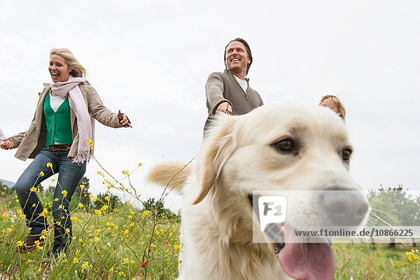 Glückliche Familie rennt mit Hund im Park
