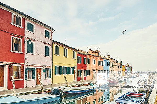 Traditionelle mehrfarbige Häuser und festgemachte Boote auf dem Kanal  Burano  Venedig  Italien