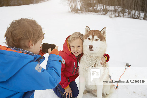 Boy taking smartphone photo of brother and husky in snow  Elmau  Bavaria  Germany