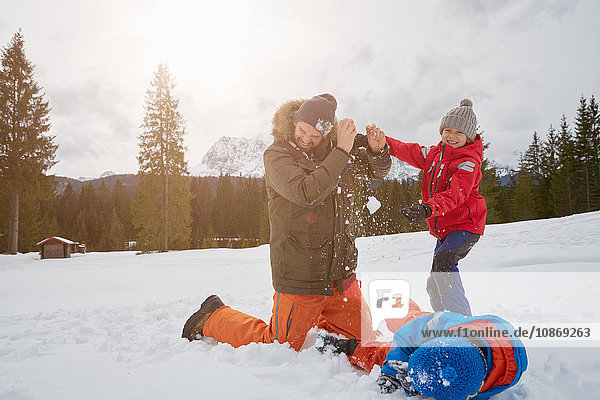 Man and sons having snowball fight in winter  Elmau  Bavaria  Germany