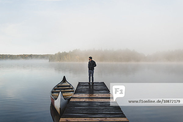 Man standing on pier looking at view rear view