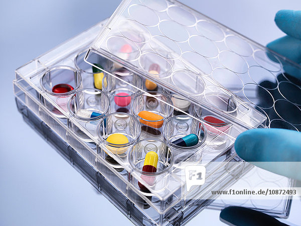 Pharmazeutische Forschung  manuelle Deckelentfernung bei verschiedenen Arzneimitteln in einer Schale mit mehreren Vertiefungen für Labortests