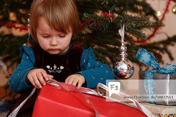 Girl in front of christmas tree looking down opening gift