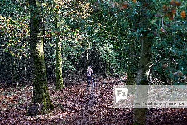 Female mountain biker pushing mountain bike through autumn leaves in Forest of Dean  Bristol  UK