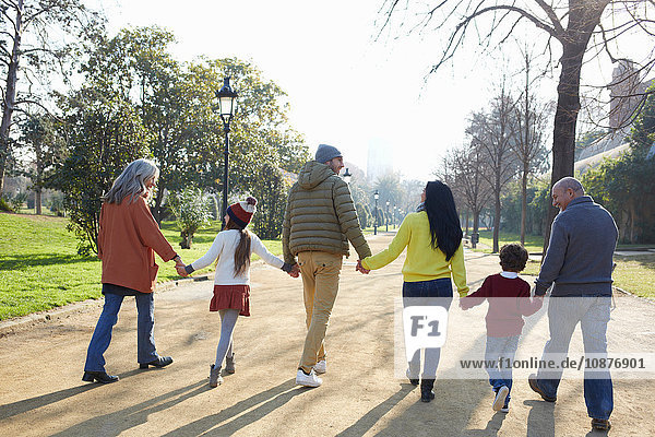 Rückansicht eines Mehrgenerationen-Familienspaziergangs im Park