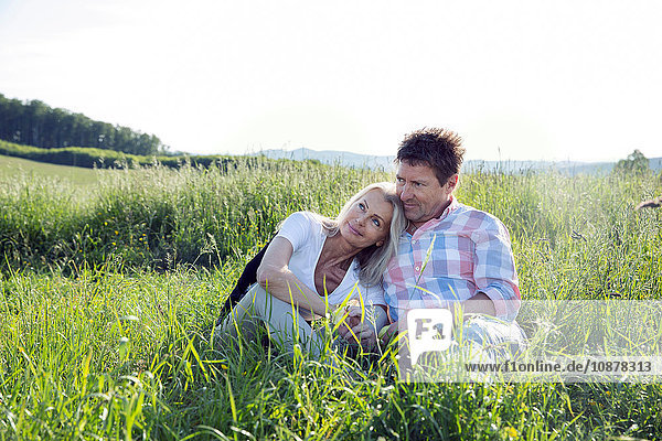 Älteres Ehepaar auf dem Feld sitzend