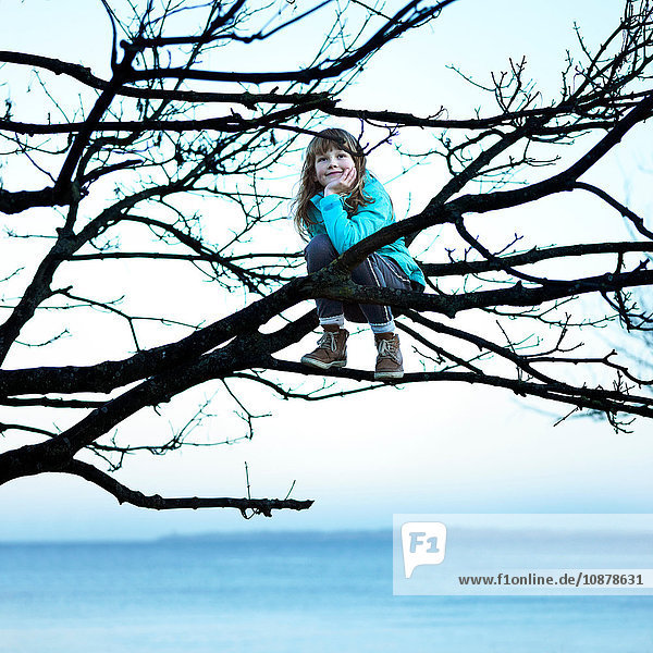 Mädchen im Baum am Meer auf einem Ast sitzend  Hand auf dem Kinn  wegschauend