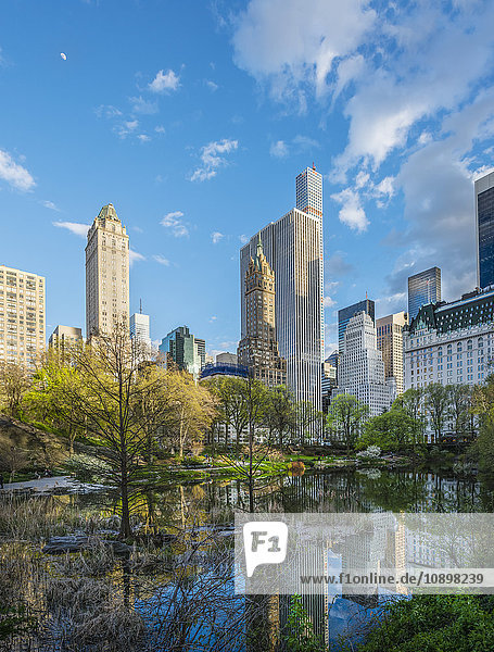 USA  New York State  New York City  Manhattan  Central Park  Bäume und Wolkenkratzer spiegeln sich im Wasser.