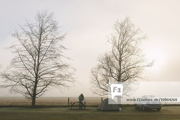 Neuseeland Springfield Campingplatz am Feldrand mit zwei kahlen Bäumen Aufbauzelt geparktes Auto und Mann am Holztisch.