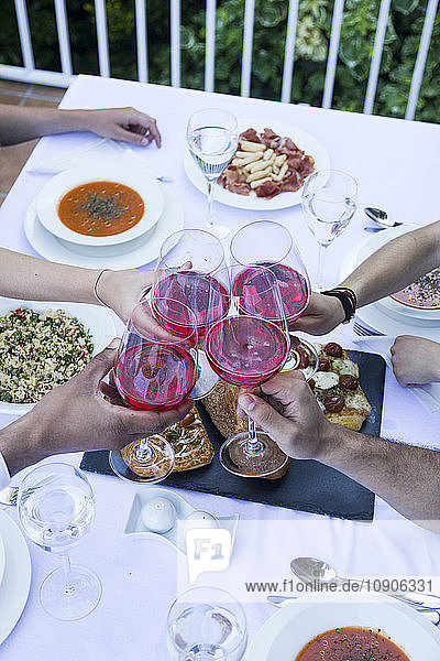 Friends toasting with lambrusco wine during a summer dinner