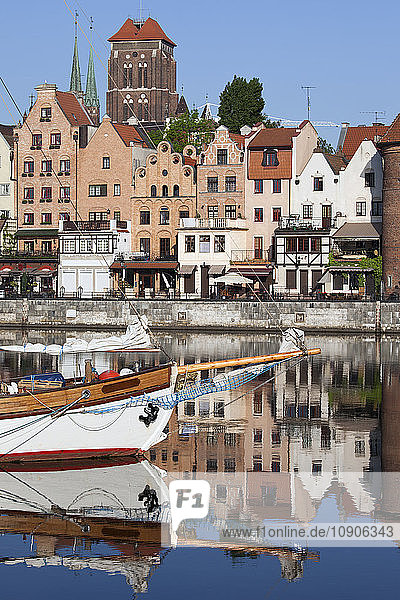 Poland  Gdansk  view to the Old Town with sailing boat on Motlawa River in the foreground