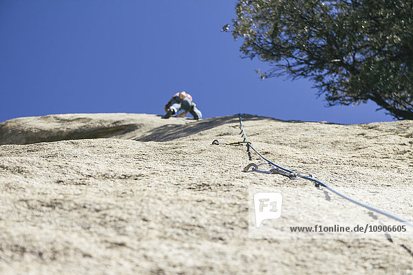 Quickdraws mit einem Seil mit Kletterer im Hintergrund