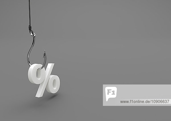 3D Illustration  bait  hook with symbol of percent
