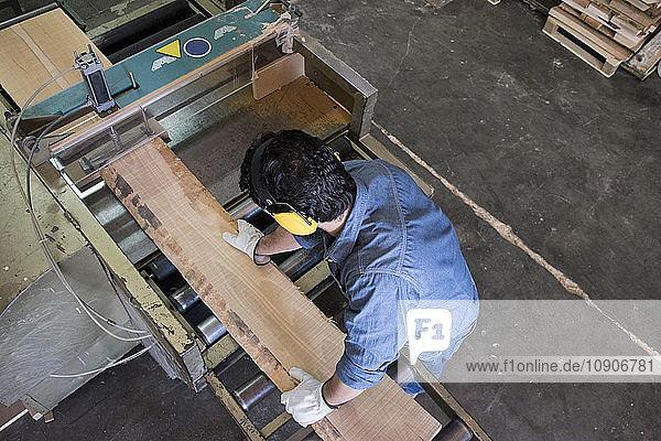 Man with gloves and hearing protectionputting a wood plank on an industrial circular saw in a factory