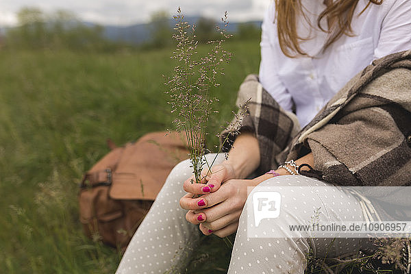 Woman sitting on a meadow holding grasses in her hands  partial view