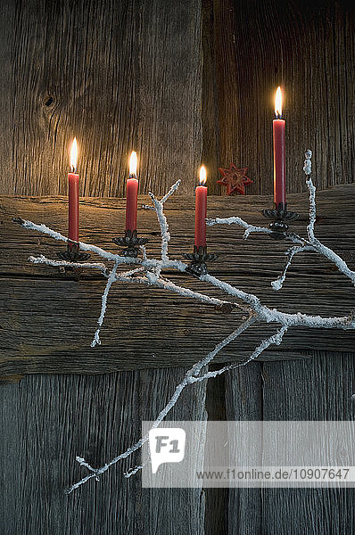 Four lighted Advent candles on twig in front of wooden wall
