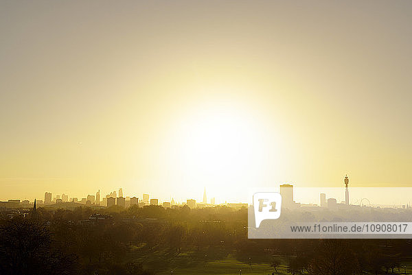 UK  London  skyline as seen from Primrose Hill in backlight