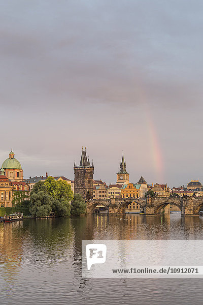 Czech Republic  Prague  Rainbow over Charles Bridge at sunset