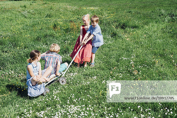 Children with cart playing in meadow