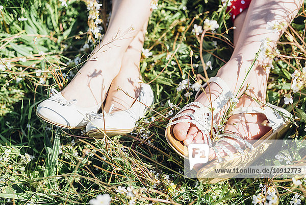 Close-up of feet of two girls in meadow