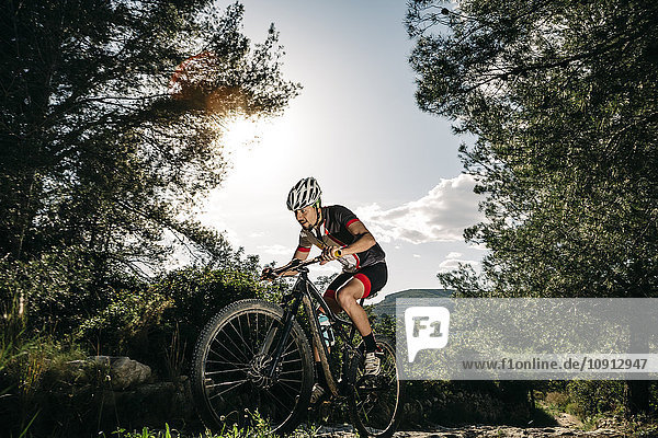 Mountain biker on the move in backlight