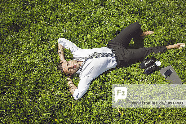 Smiling businessman lying in meadow