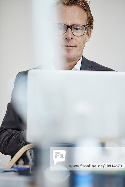 Portrait of businessman working with laptop