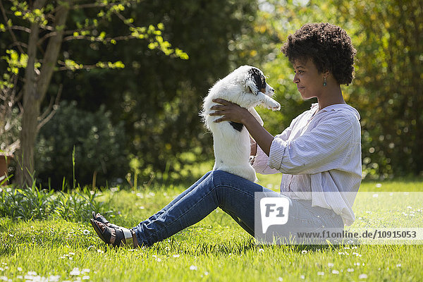 Young woman sitting on a meadow playing with her dog