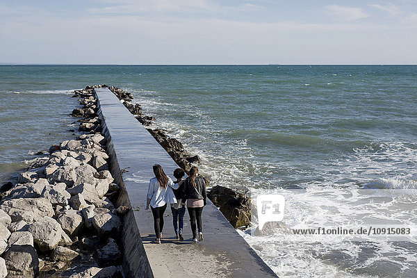 Three young women walking on breakwater at the sea  rear view