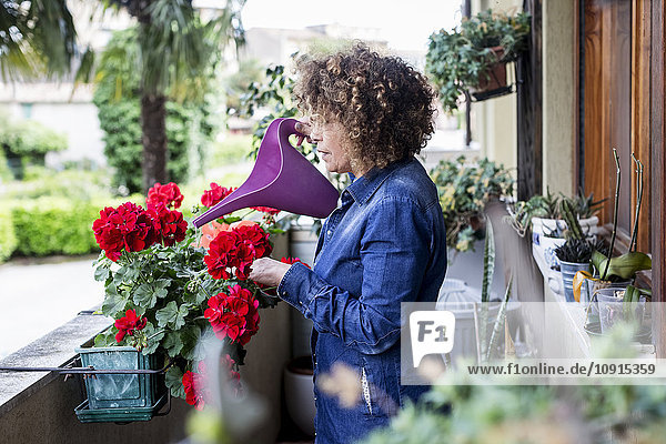 Woman watering flowers on balcony