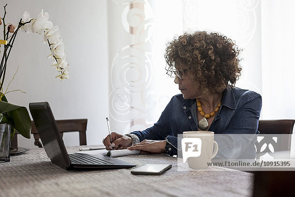Frau mit Laptop zu Hause beim Schreiben im Booklet
