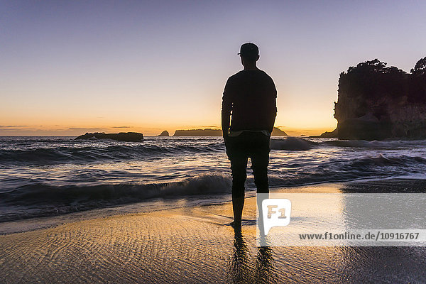 Neuseeland  Wanganui  Silhouette eines Mannes am Strand mit Blick aufs Meer