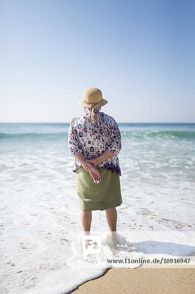 Back view of senior woman standing on the beach