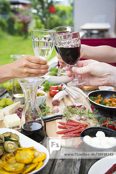 People clinking wine glasses and enjoying variety of Mediterranean antipasti in garden