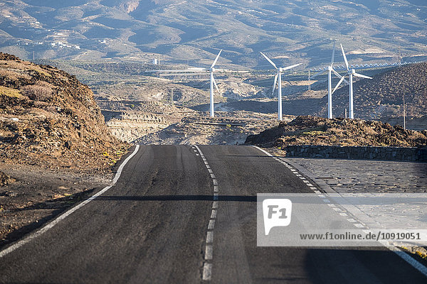 Spain Tenerife empty road and windpark