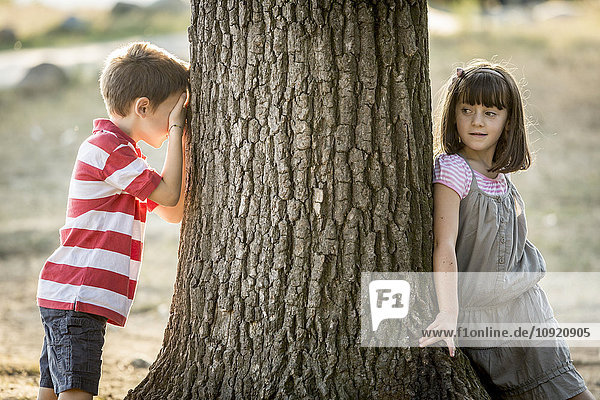 Kleiner Junge und Mädchen spielen Verstecken in der Natur