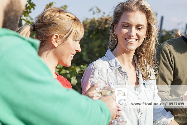 Group of friends on garden party in vineyard