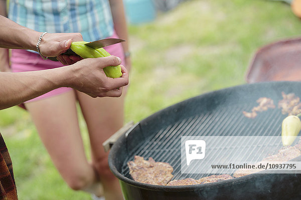 Group of friends having barbecue at campsite