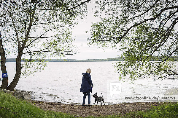 Rear view of senior woman standing with dog at lakeshore