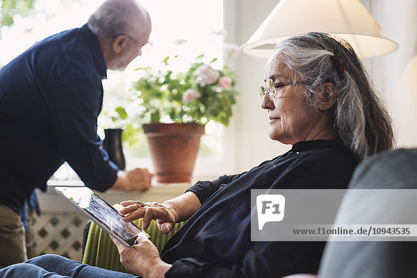 Seitenansicht der älteren Frau mit digitalem Tablett  während der Mann auf die Pflanze schaut