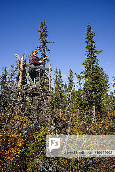 Hunter standing with gun on wood tower in forest
