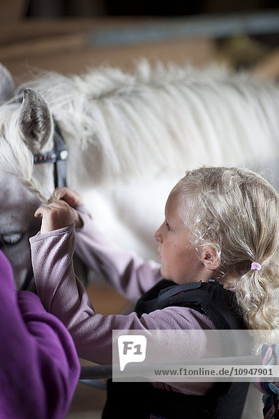 Mädchen kümmert sich um Pferd