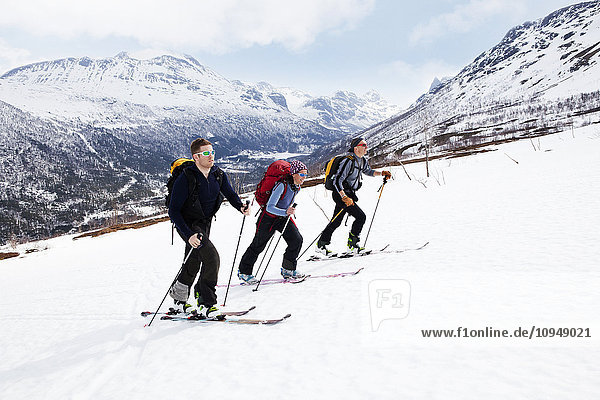 Three people skiing