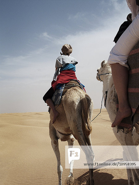Menschen reiten auf Dromedaren in der Wüste  Tunesien.