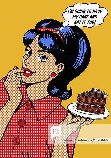 Zufriedene junge Frau hält ein Stück Schokoladenkuchen und denkt nach