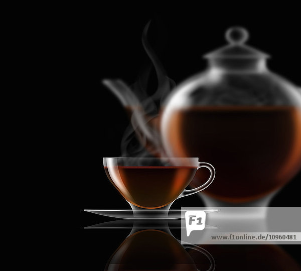 Schwarzer Tee  Glas-Teetasse  Untertasse und Teekanne