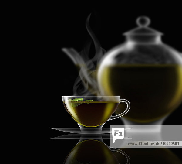 Grüner Tee  Glas-Teetasse  Untertasse und Teekanne