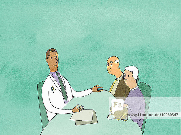 Arzt spricht mit älterem Paar in der Arztpraxis