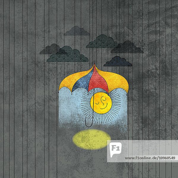 Lächelnde Sonne unter einem Regenschirm an bewölktem Himmel